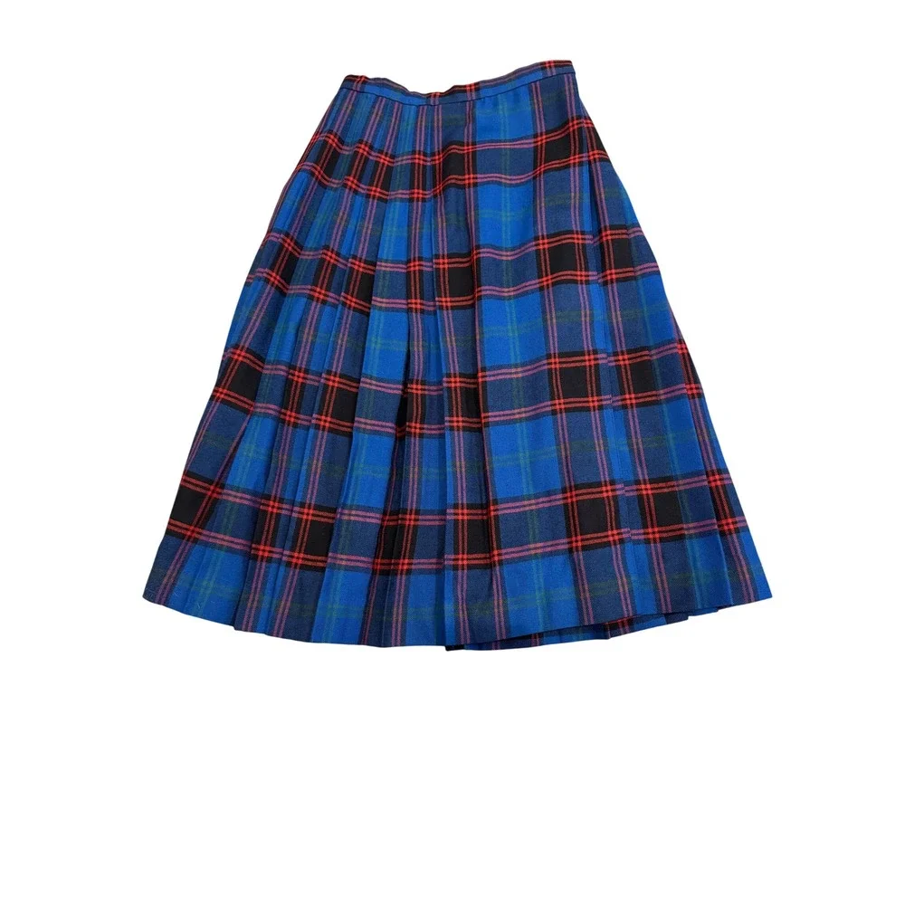 Vintage Ellen Tracy 100% Pure Wool Plaid‎ Pleated Midi Skirt Blue Red Size 7/8
